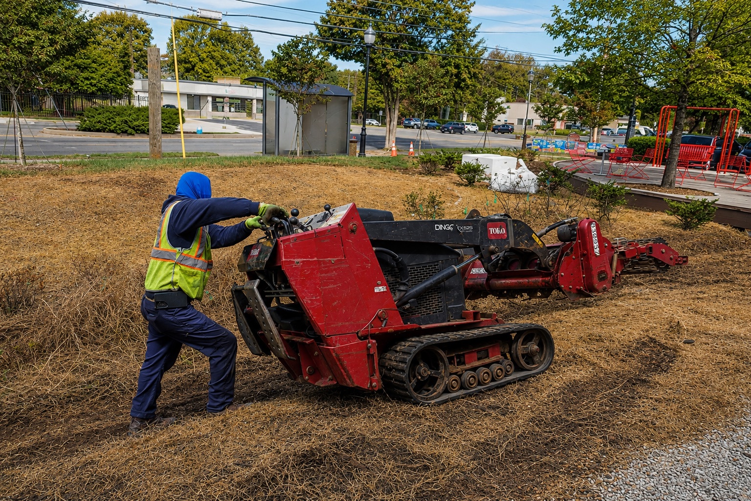 Roundtree crew operating compact landscape equipment during site preparation at Allegra Westbrooks Regional Library.