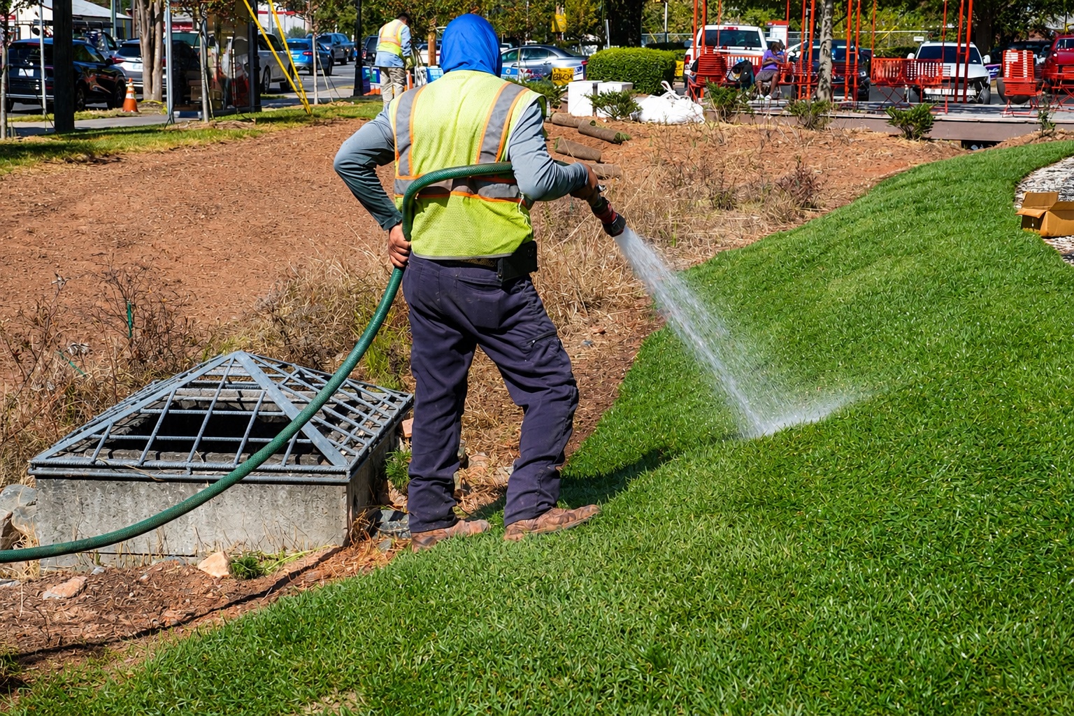 Roundtree crew watering newly installed sod on a slope at Allegra Westbrooks Regional Library.
