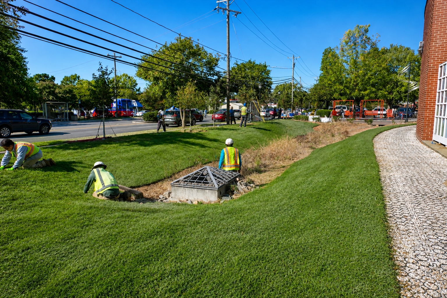 Roundtree crews installing sod and shaping landscaped slopes around the library site.