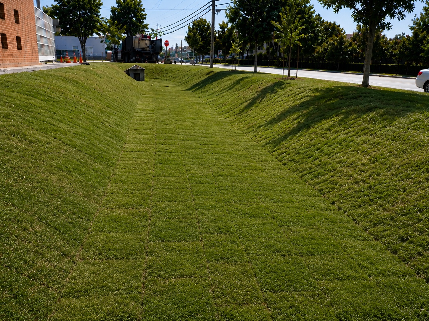 Finished sodded drainage swale and landscaped slopes at Allegra Westbrooks Regional Library.